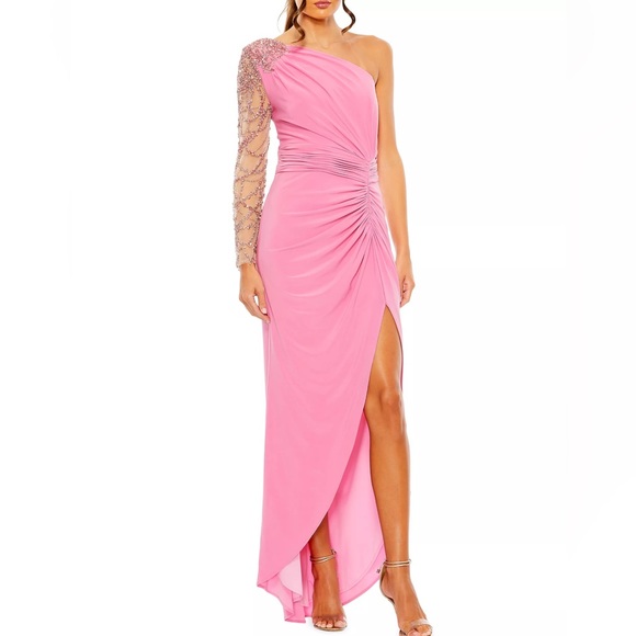 Mac Duggal Asymmetrical Crystal-Embellished Jersey Gown - Picture 1 of 12